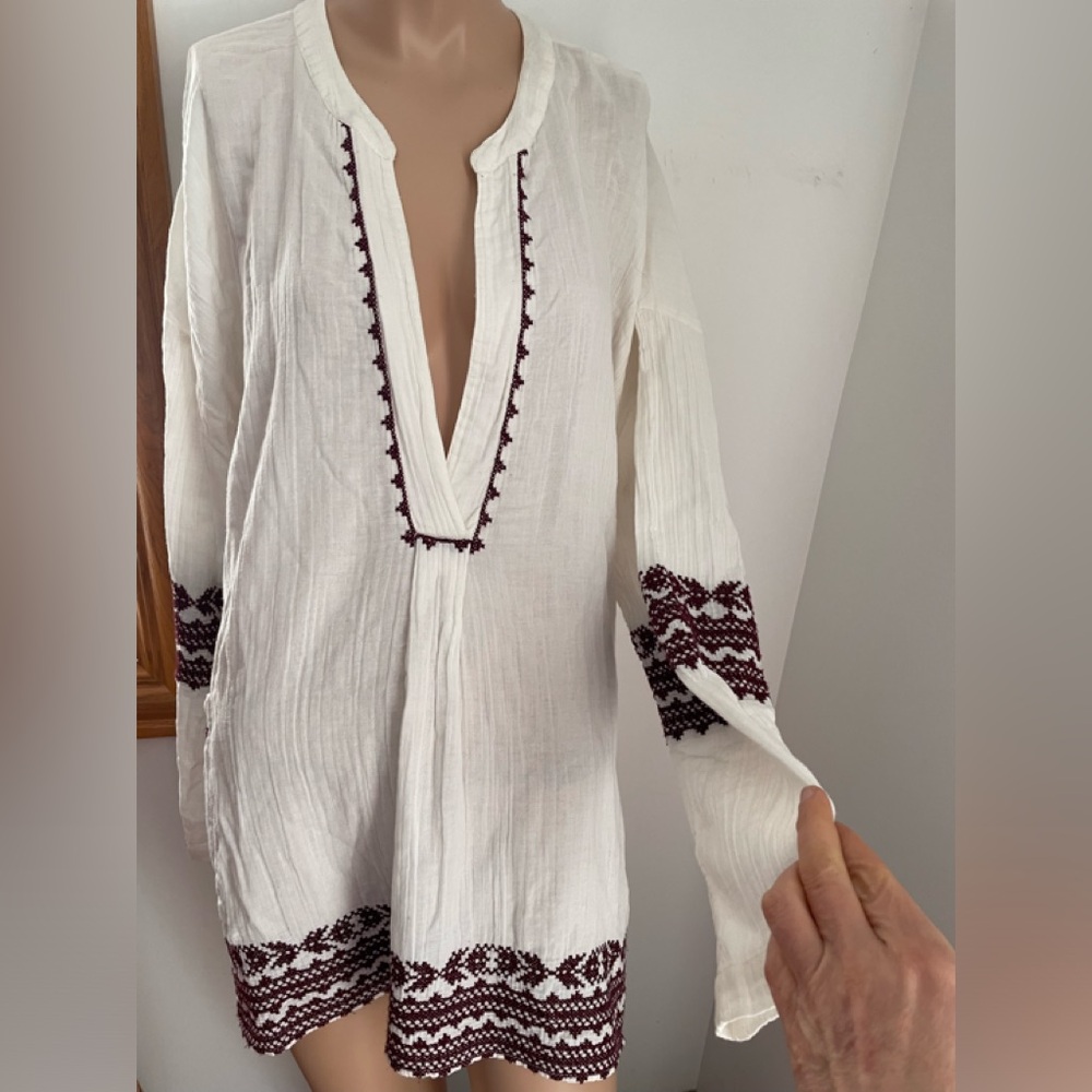 Free People Cream and Burgundy Embroidered Tunic